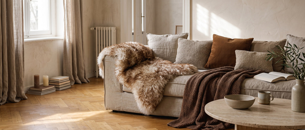 Mufflon-Schaffell auf einem Sofa im Sonnenlicht
