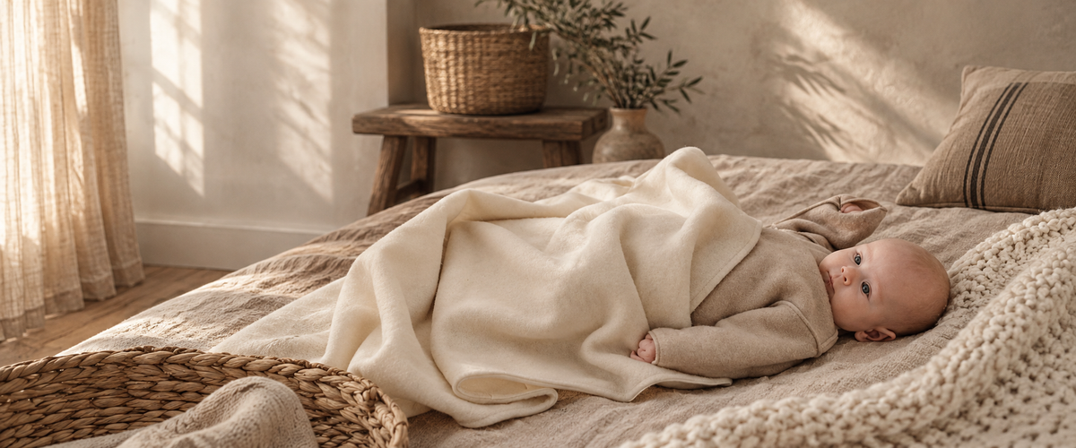Babydecke aus Merinowolle auf einem Bett